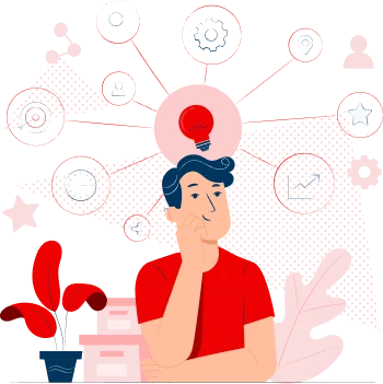 Illustration of a person thinking with various icons representing ideas and solutions around them